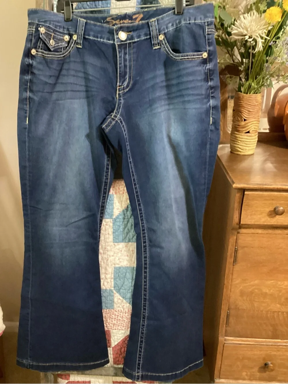 Seven7 Women's Dark Blue Flare Leg Jeans with Embroidered Pockets - Picture 6 of 13